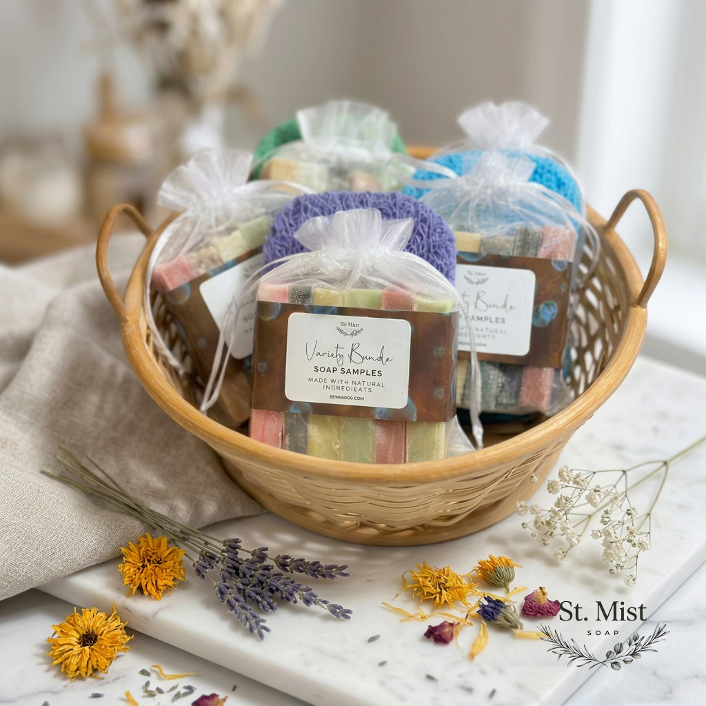 St. Mist Soap mini soap sampler bundle with colorful artisan soap bars and a soap saver pad in a woven basket