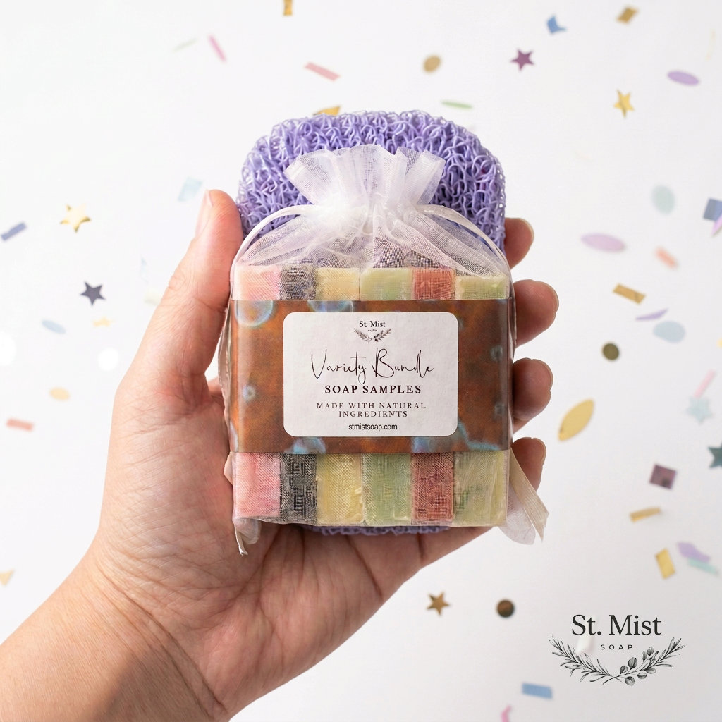 St. Mist Soap mini soap sampler bundle in a mesh bag with a purple bioplastic soap saver pad held in a hand.