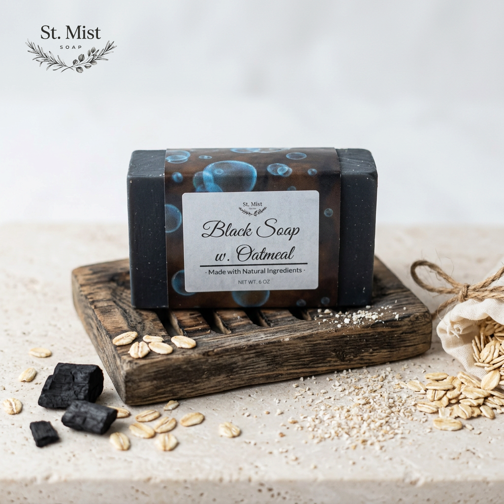 St. Mist Soap black oatmeal bar on a wooden soap dish with charcoal and oats, handcrafted natural skincare.