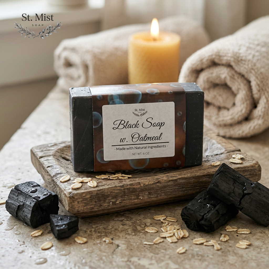 St. Mist Soap black oatmeal bar with activated charcoal on a rustic wooden dish with rolled towels and a candle.