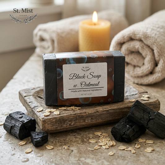 St. Mist Soap black oatmeal bar with activated charcoal on a rustic wooden dish with rolled towels and a candle.