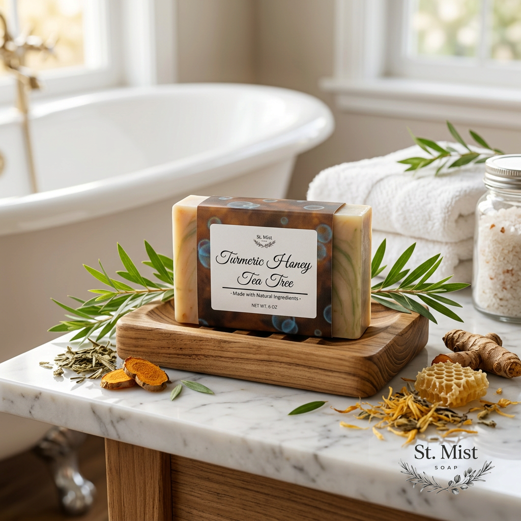 St. Mist Soap Turmeric Honey Tea Tree handcrafted soap bar on a wooden dish with natural ingredients on marble counter