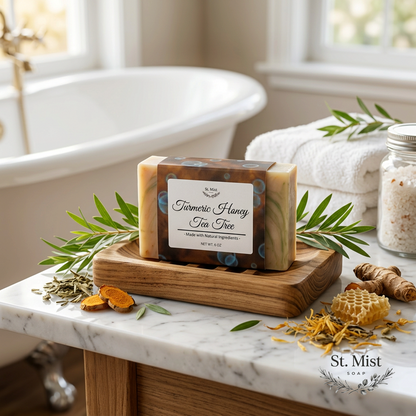 St. Mist Soap Turmeric Honey Tea Tree handcrafted soap bar on a wooden dish with natural ingredients on marble counter