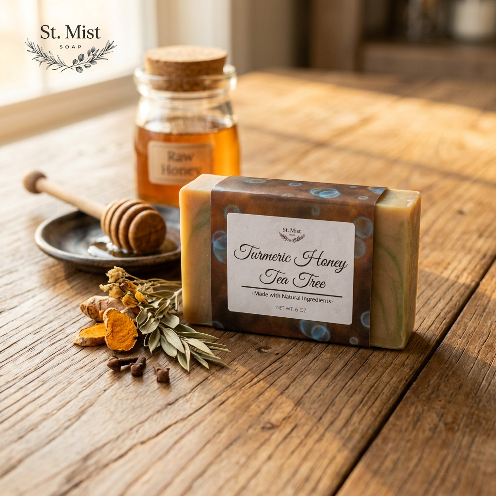 St. Mist Soap Turmeric Honey Tea Tree bar with raw honey and botanical ingredients on a rustic wooden table