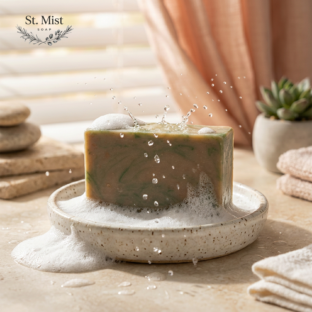 St. Mist Soap turmeric and tea tree handmade soap bar with rich lather on a speckled ceramic dish in a sunny bathroom