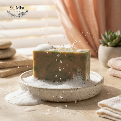 St. Mist Soap turmeric and tea tree handmade soap bar with rich lather on a speckled ceramic dish in a sunny bathroom