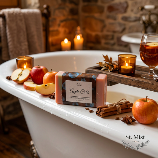 St. Mist Soap Apple Cider bar on a bathtub edge with fresh apples, cinnamon sticks, and candles for a cozy vibe.