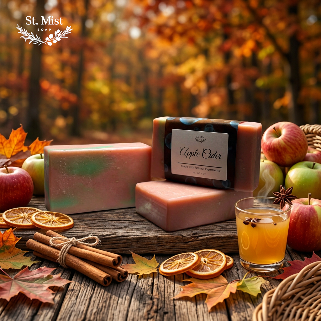 St. Mist Soap Apple Cider bar with autumn leaves, cinnamon sticks, and fresh apples on a rustic wooden table.
