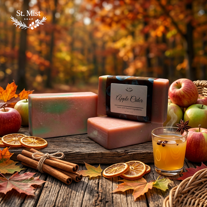 St. Mist Soap Apple Cider bar with autumn leaves, cinnamon sticks, and fresh apples on a rustic wooden table.