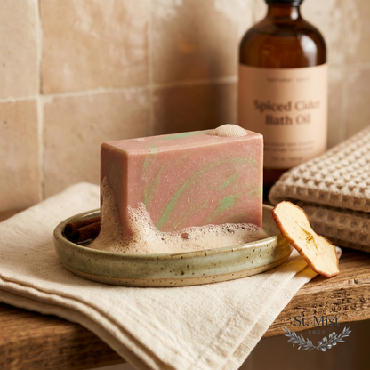St. Mist Soap Apple Cider bar with green swirls and bubbly lather on a ceramic dish with a dried apple slice.