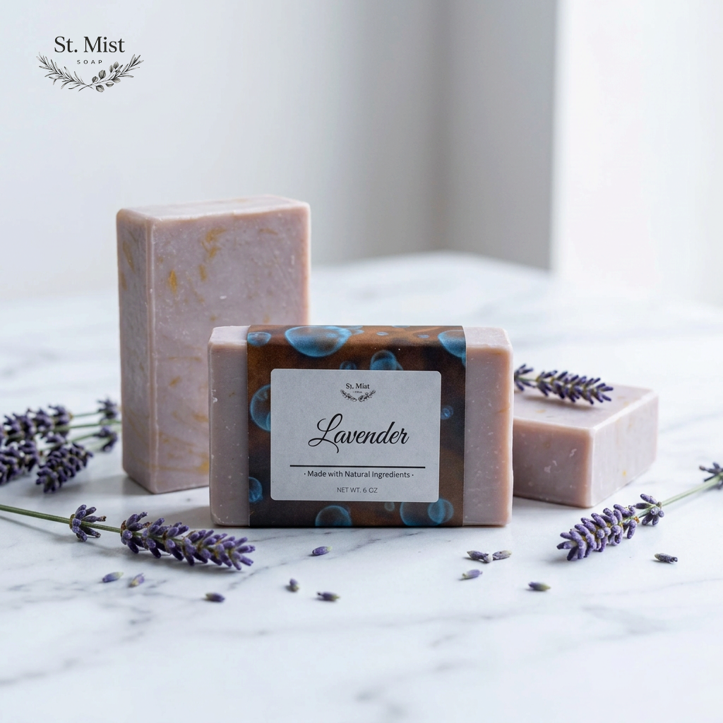 St. Mist Soap lavender bar with natural ingredients, displayed on a marble surface with fresh lavender sprigs.
