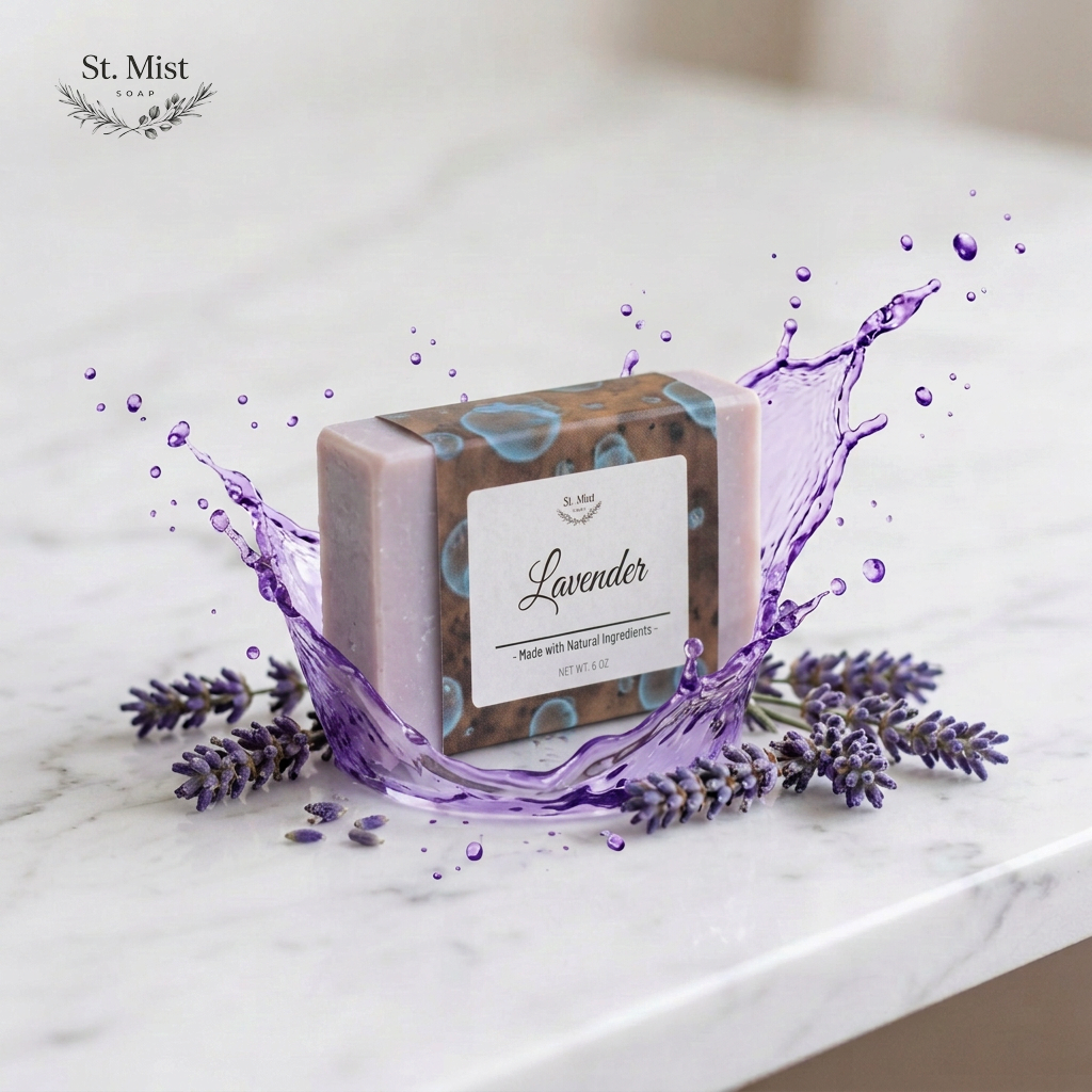 St. Mist Soap lavender bar with a splash of purple liquid and fresh lavender sprigs on a marble surface.