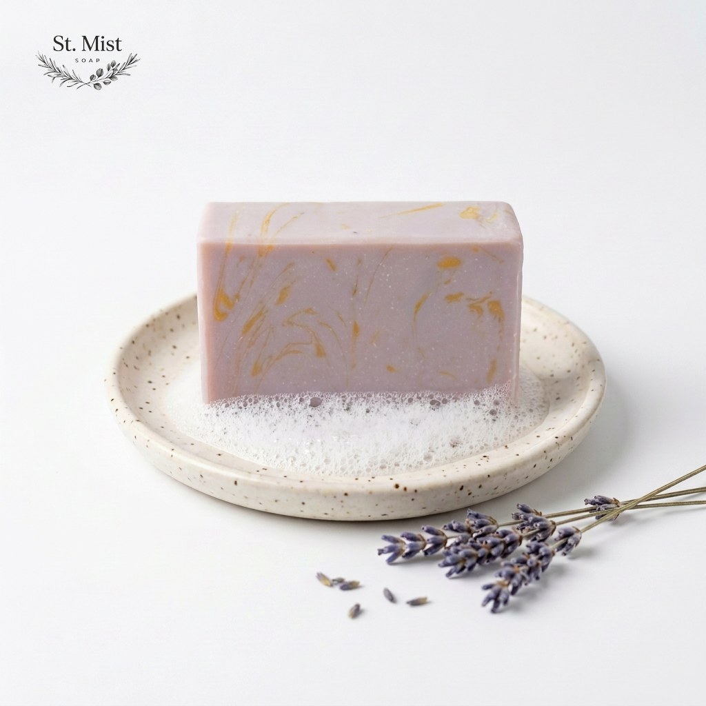 St. Mist Soap lavender bar with purple and gold swirls on a speckled ceramic dish with fresh lavender sprigs.