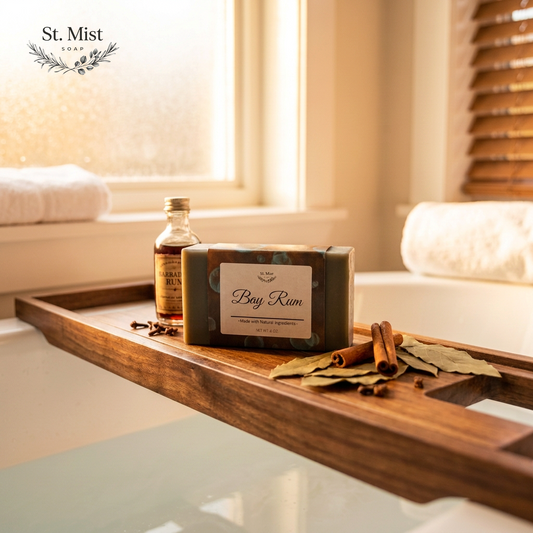 St. Mist Soap Bay Rum bar on a wooden bathtub tray with bay leaves, cinnamon sticks, and cloves in a bright bathroom.