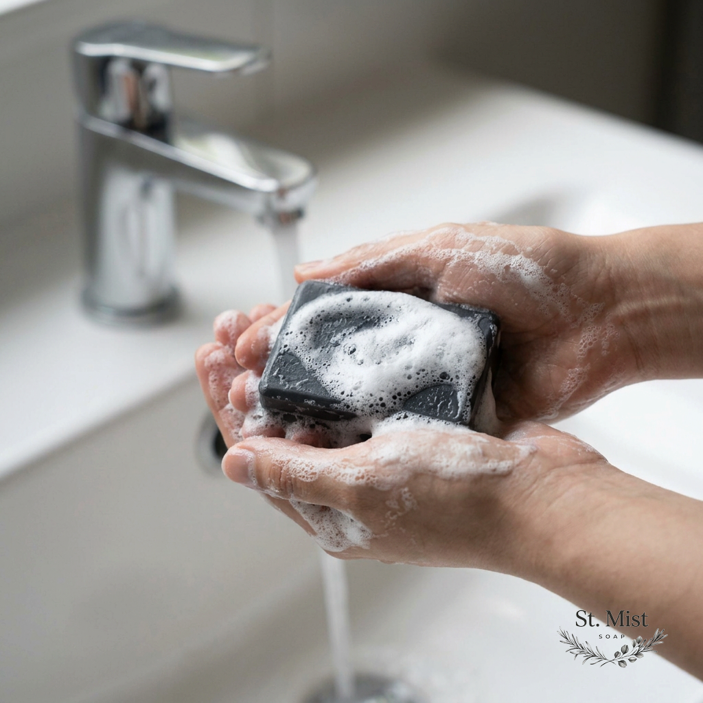St. Mist Soap handcrafted black charcoal and oatmeal soap bar creating a rich, creamy lather in hands under a faucet.