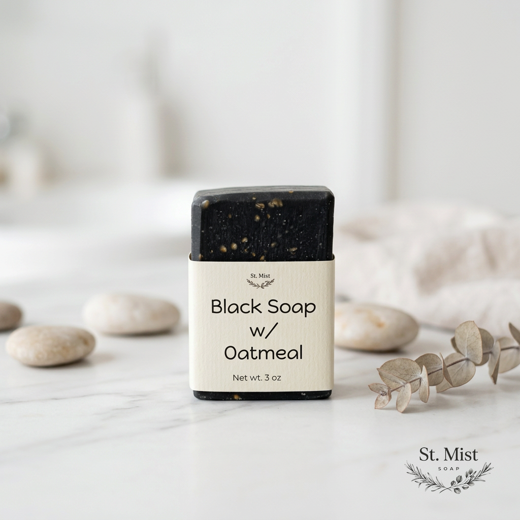 St. Mist Soap handcrafted black soap bar with oatmeal, featuring a natural label on a marble surface with stones.