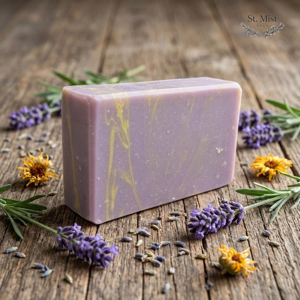 St. Mist Soap handcrafted lavender bar with purple and yellow swirls on a rustic wooden surface with floral accents.