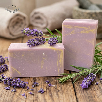 St. Mist Soap lavender bar with purple and gold swirls, decorated with fresh lavender sprigs on a rustic wood table.
