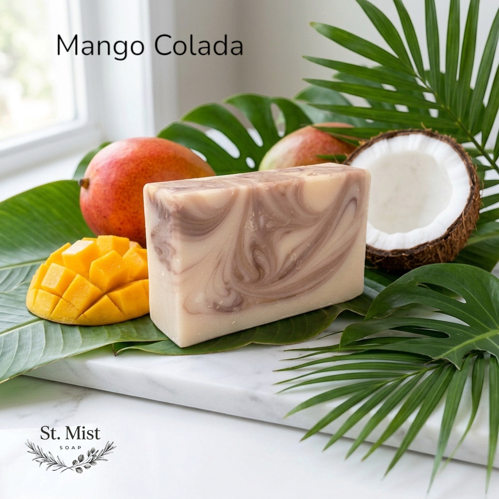 St. Mist Soap Mango Colada handcrafted soap bar with tropical mango and coconut accents on a marble surface