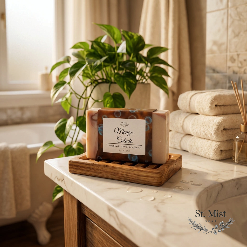 St. Mist Soap Mango Colada handcrafted soap bar on a wooden dish in a bright, tropical-inspired bathroom setting.