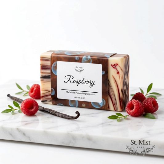 St. Mist Soap Raspberry artisan bar with red and black swirls, displayed on a marble slab with fresh raspberries.