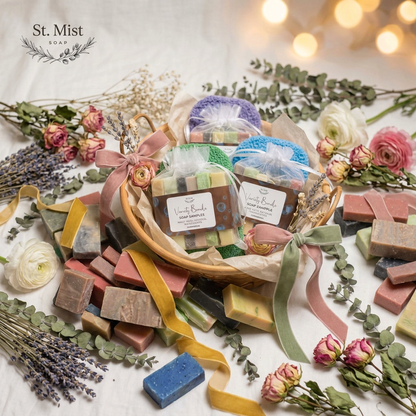 St. Mist Soap variety bundle featuring artisan soap samples and a bioplastic soap saver pad in a gift basket.